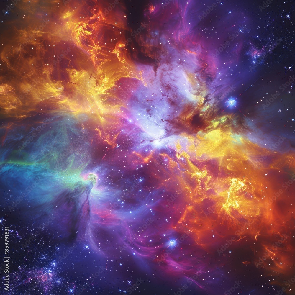 Fototapeta premium Galaxy collision, interacting star systems, vibrant colors, dynamic movement, wideangle lens, dramatic cosmic event.,