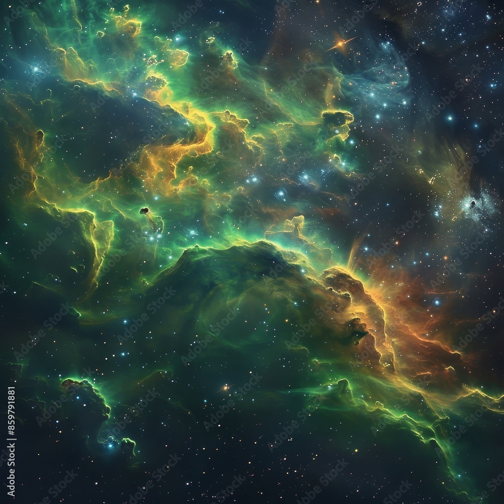 Fototapeta premium Galactic nebula with swirling green and yellow clouds, bright stars, dark space, panoramic view, aweinspiring expanse.