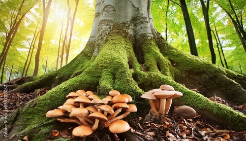 tree with roots and mushrooms mycorrhiza photo