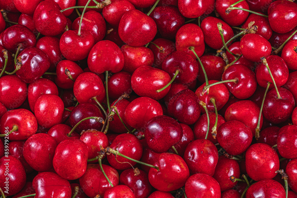 ripe cherries in a plastic box on the table top view background ripe cherries in a plastic box on the table top view background