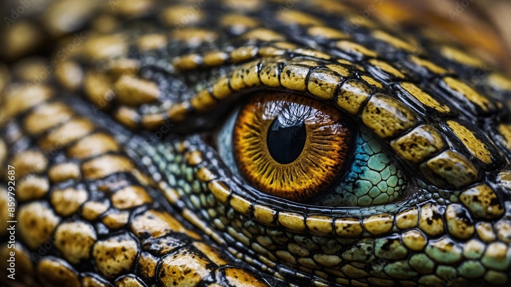Fototapeta premium Close-up of a green iguana with wild eyes, scales, and skin, a reptile in the wild