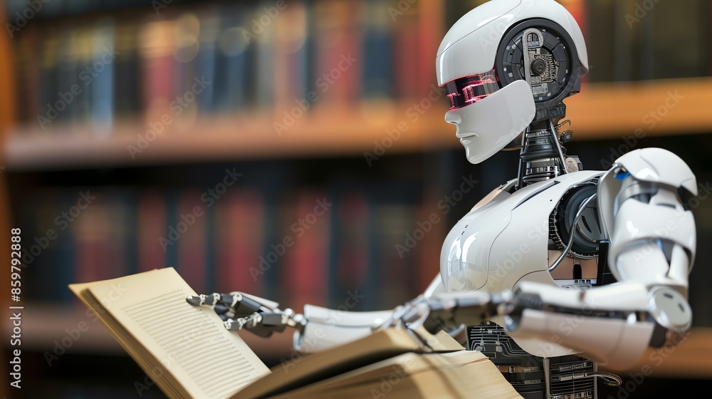 Robot reading a book in a library, showcasing artificial intelligence and futuristic technology in an educational setting. Robot reading a book in a library, showcasing artificial intelligence and futuristic technology in an educational setting.