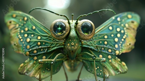 a green insect with big eyes and a green body with gold dots on it's wings, with a green body with gold dots on its wings. generative ai photo
