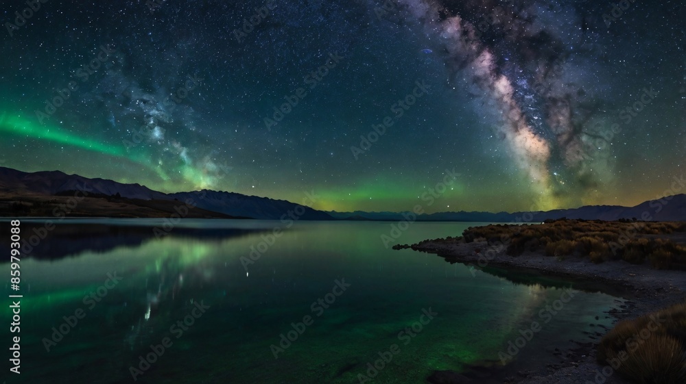 Beautiful sunset over calm lake, boat reflecting on tranquil water, sky painted in hues of orange and blue and milkyway Beautiful sunset over calm lake, boat reflecting on tranquil water, sky painted in hues of orange and blue and milkyway