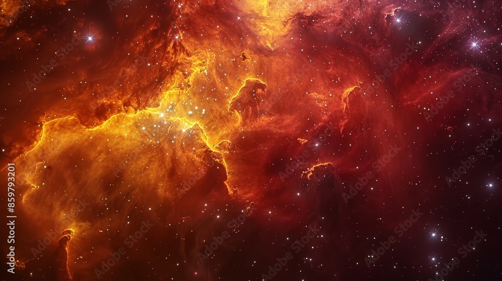 Fototapeta premium Red and yellow stellar nursery, dense nebula, starforming regions, dark background, midshot, vibrant cosmic cradle.