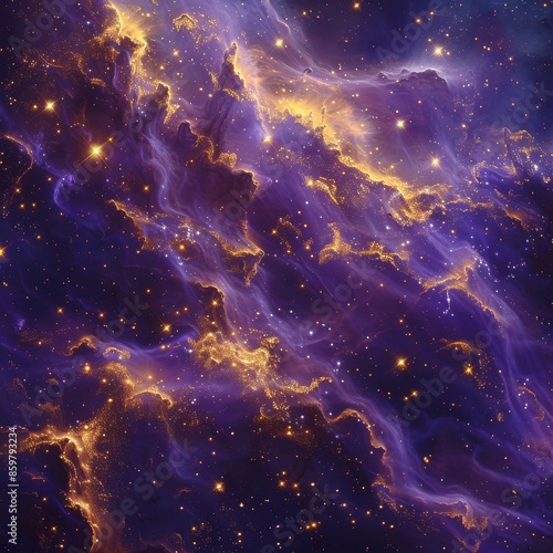 Purple and gold stellar nursery, shimmering stardust, dense gas clouds, deep space backdrop, midshot, cosmic creation.,