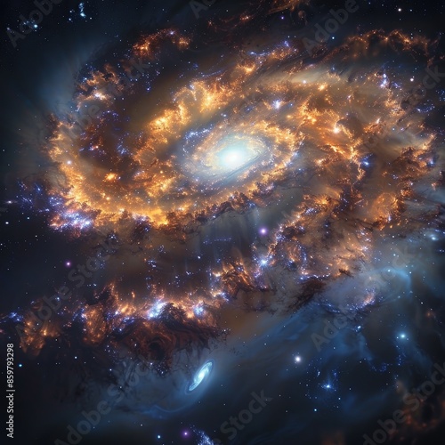 Protogalaxy forming in early universe, glowing gas clouds, young stars, dark backdrop, midshot, primordial creation.,
