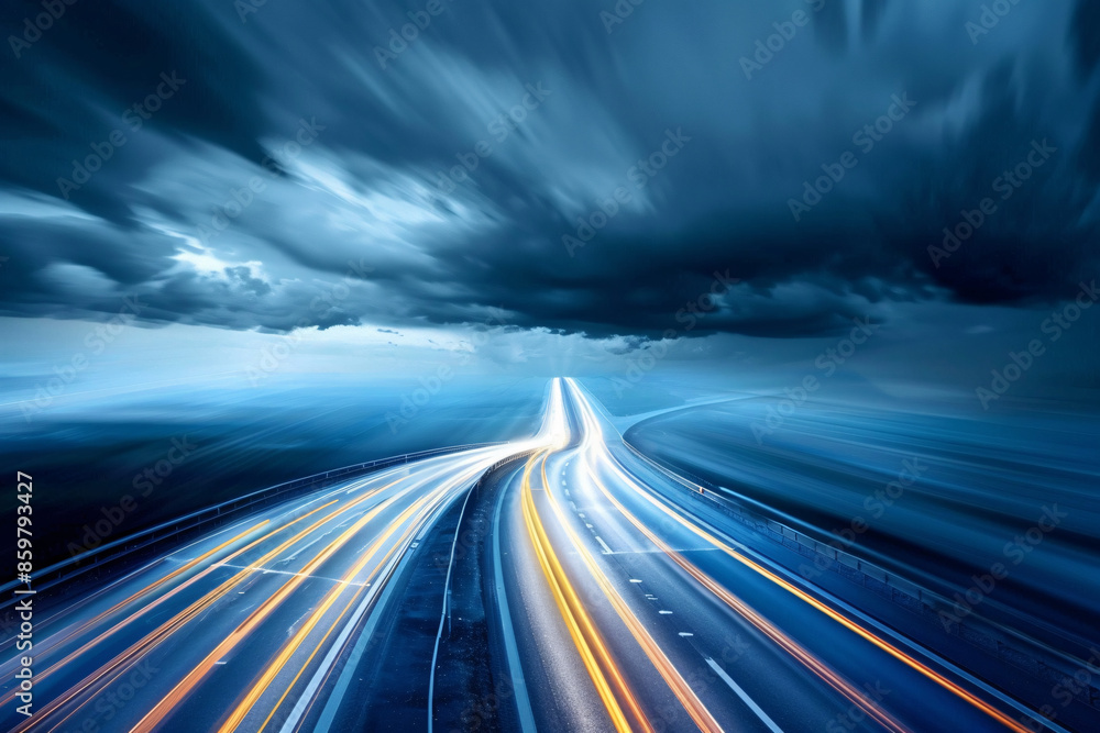 Blurry light trails on a highway beneath a dramatic stormy sky emphasizing speed and intensity Blurry light trails on a highway beneath a dramatic stormy sky emphasizing speed and intensity