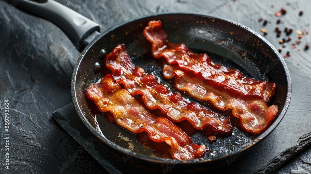 Cooking bacon in a dark pan on black surface Cooking bacon in a dark pan on black surface