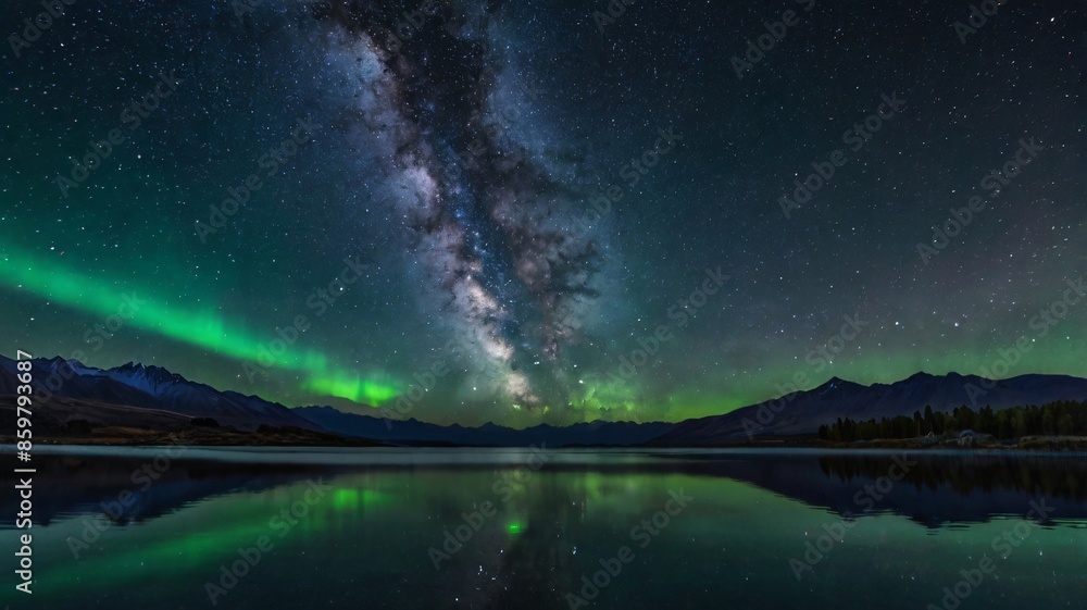 Beautiful sunset over calm lake, boat reflecting on tranquil water, sky painted in hues of orange and blue and milkyway Beautiful sunset over calm lake, boat reflecting on tranquil water, sky painted in hues of orange and blue and milkyway