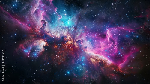 Nebula with radiant magenta and cyan hues, dense star field, black backdrop, midshot, vibrant cosmic energy.,