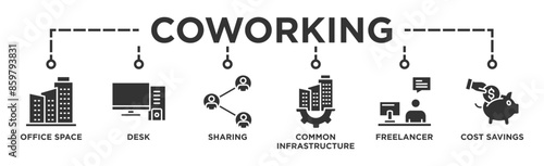 Coworking banner web icon vector illustration concept with icon of office space, desk, sharing, common infrastructure, freelancer, and cost savings