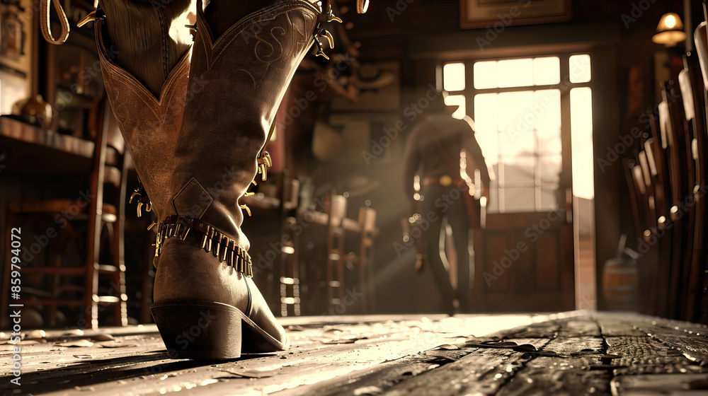 Country western is the clink of spurs as a cowboy walks into a saloon: Depict a close-up of spurs jingling on a cowboy's boots as they enter a saloon, symbolizing the classic imagery of the Old West Country western is the clink of spurs as a cowboy walks into a saloon: Depict a close-up of spurs jingling on a cowboy's boots as they enter a saloon, symbolizing the classic imagery of the Old West