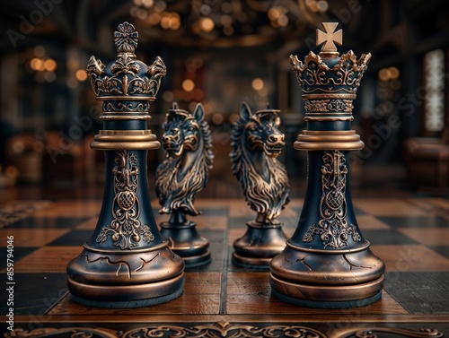 Elegant Chess Pieces on a Luxurious Wooden Board in Dim Ambient Lighting