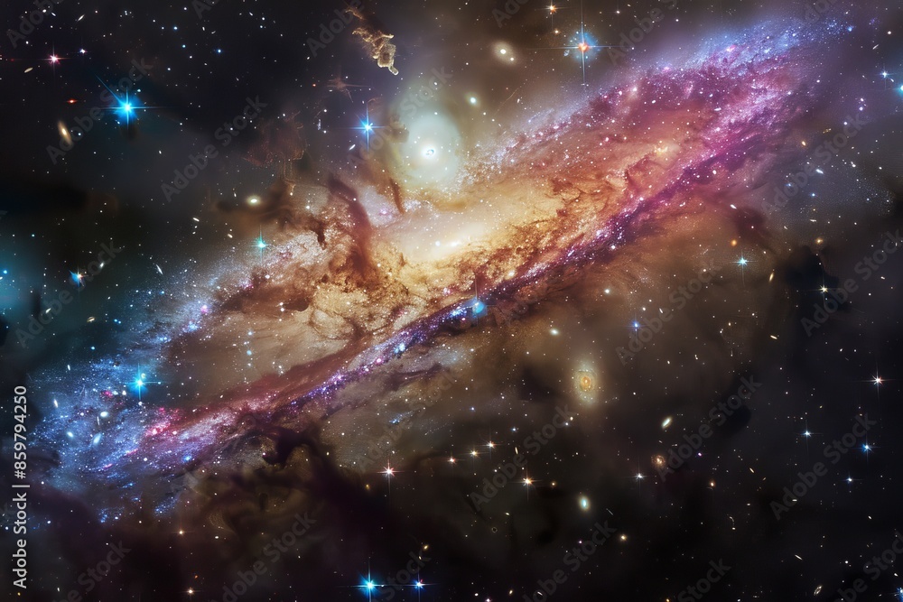 Irregular galaxy with chaotic star distribution, colorful gas clouds, black space, midshot, dynamic cosmic formation., Irregular galaxy with chaotic star distribution, colorful gas clouds, black space, midshot, dynamic cosmic formation.,