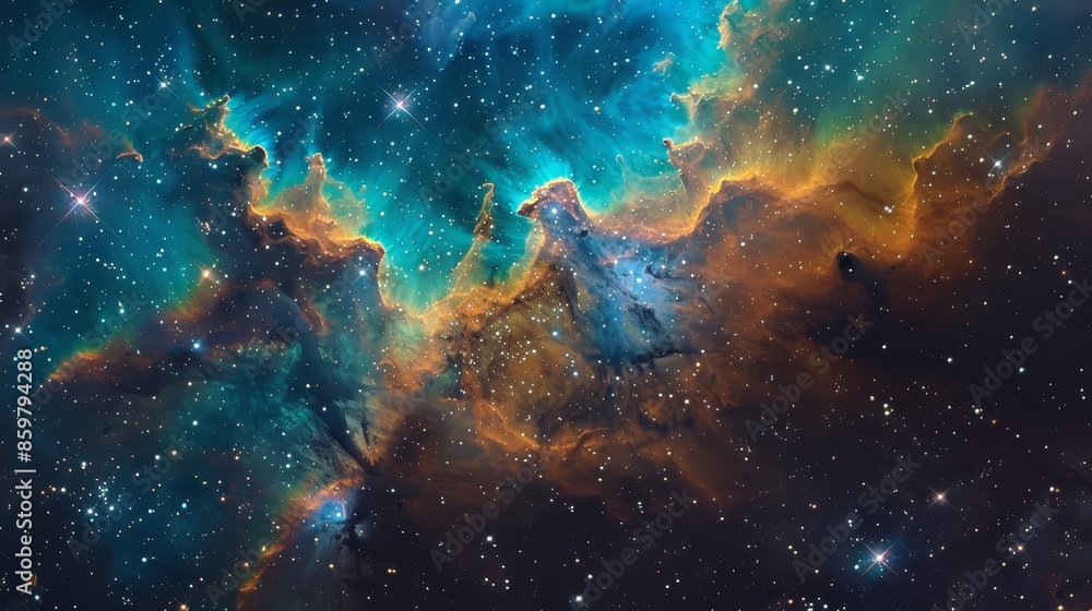 Intricate nebula formation, contrasting colors of teal and amber, starry background, wideangle lens, celestial spectacle.,