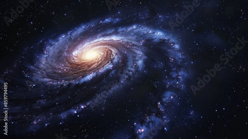 Barred spiral galaxy forming, central bar structure, curving arms, deep space, panoramic view, structured evolution.,
