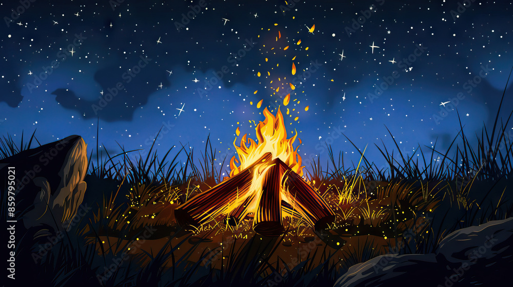 Naklejka premium Country western is the crackle of a campfire under the stars: Depict a close-up of a campfire crackling and flickering, symbolizing the warmth and camaraderie