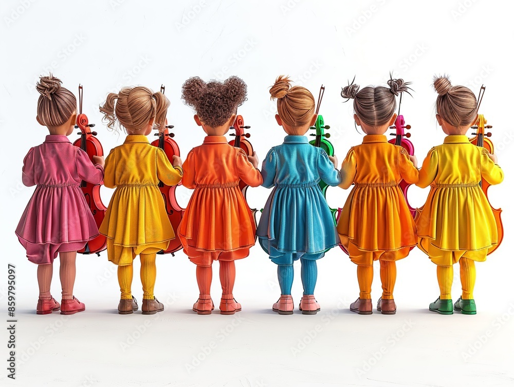 Children in a music class, education concept, 3D illustration, lively colors, isolated on white background Minimalism, Children in a music class, education concept, 3D illustration, lively colors, isolated on white background Minimalism,