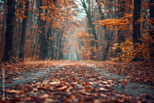 A forest path is covered in autumn leaves. The leaves are scattered all over the ground, creating a beautiful and serene atmosphere. The path is surrounded by trees © EUT