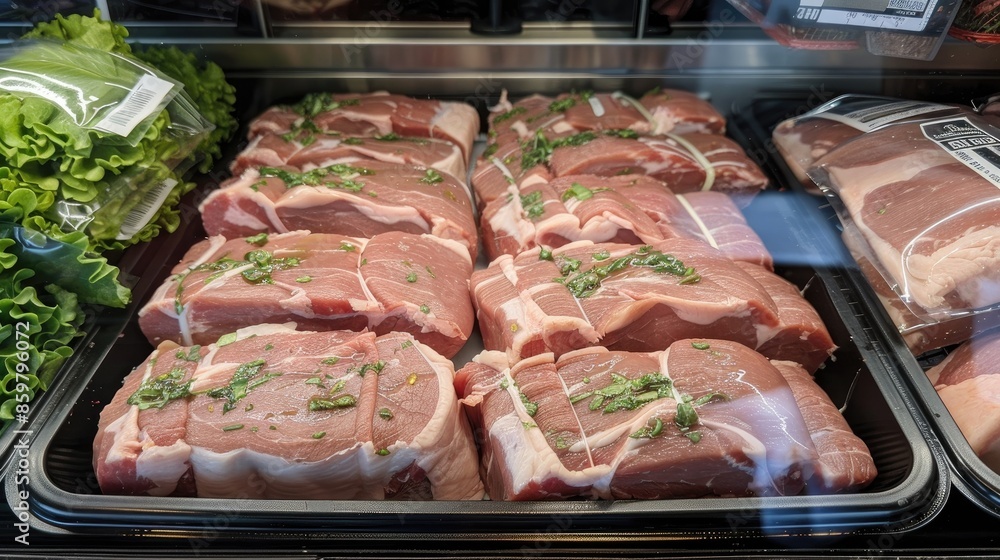 Fresh pork loin on display in store Fresh pork loin on display in store