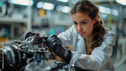 A woman is working on a machine in a factory