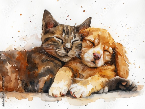 Dog and cat together, pet animal, watercolor illustration, soft colors, isolated on white background Minimalism, photo