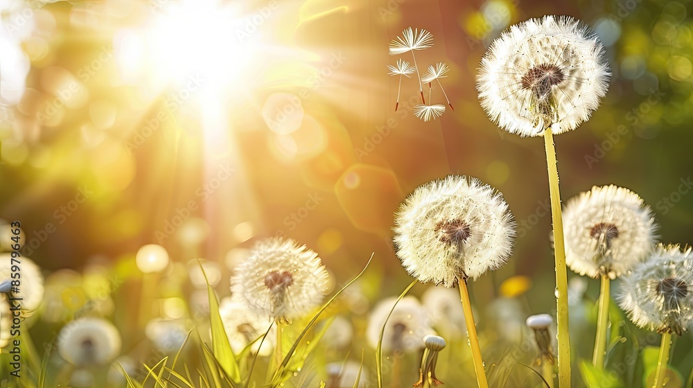 A field of dandelions is in full bloom, with the sun shining brightly on them. The dandelions are scattered throughout the field, with some closer to the foreground and others further back A field of dandelions is in full bloom, with the sun shining brightly on them. The dandelions are scattered throughout the field, with some closer to the foreground and others further back