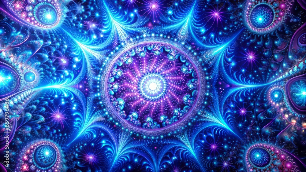 Vibrant cosmic fractal patterns swirl amidst nebulous clouds of electric blue and purple hues, evoking a mesmerizing digital universe of infinite depth. Vibrant cosmic fractal patterns swirl amidst nebulous clouds of electric blue and purple hues, evoking a mesmerizing digital universe of infinite depth.