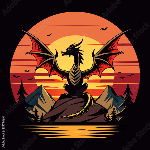 A captivating t-shirt design featuring a distressed sunrise with a silhouette of a majestic dragon soaring across the sky.