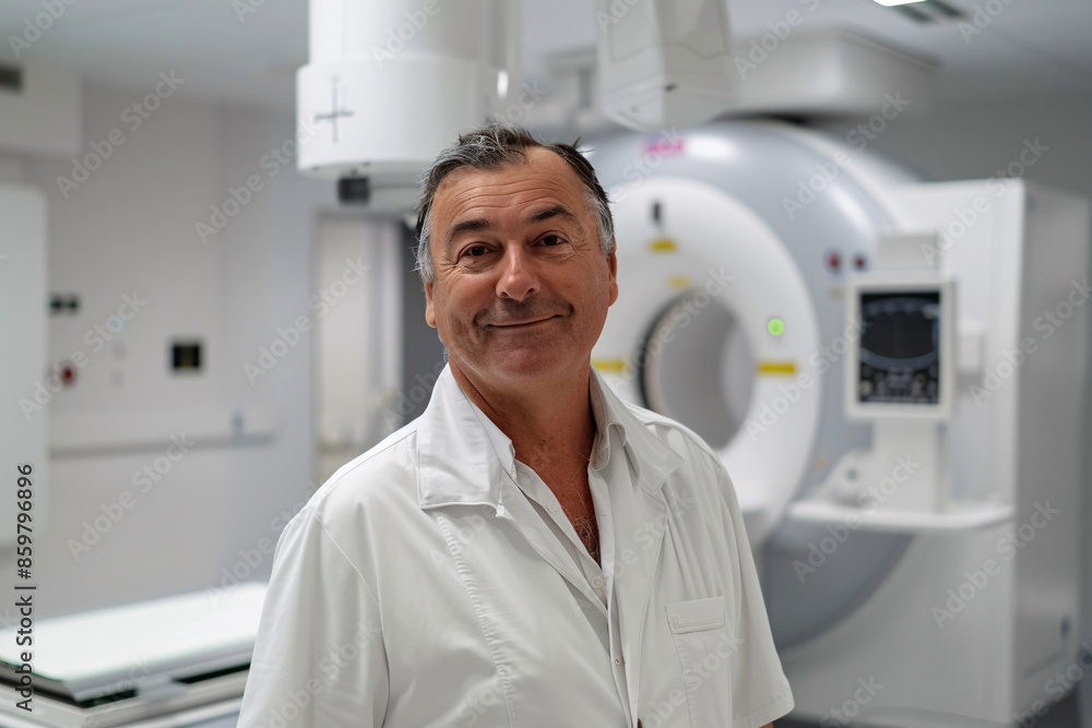 Portrait of a doctor in a white lab coat standing in an MRI room smiling confidently Portrait of a doctor in a white lab coat standing in an MRI room smiling confidently