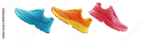 Running Shoes in Vibrant Colors, From the Top, Side, and Sole View. Isolated on a Transparent Background. Cutout PNG.