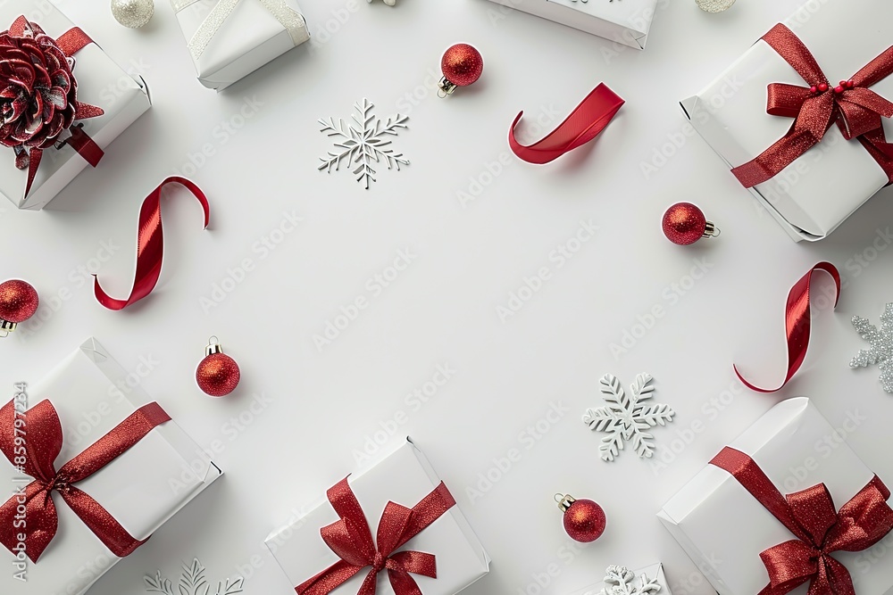 A white background with a red ribbon and a bunch of red and white gifts. The gifts are arranged in a circle and there are snowflakes scattered around them A white background with a red ribbon and a bunch of red and white gifts. The gifts are arranged in a circle and there are snowflakes scattered around them
