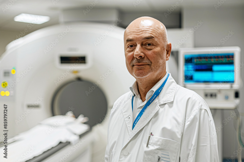 A middle-aged doctor in a white coat stands in front of an MRI machine in a modern medical facility looking confident A middle-aged doctor in a white coat stands in front of an MRI machine in a modern medical facility looking confident