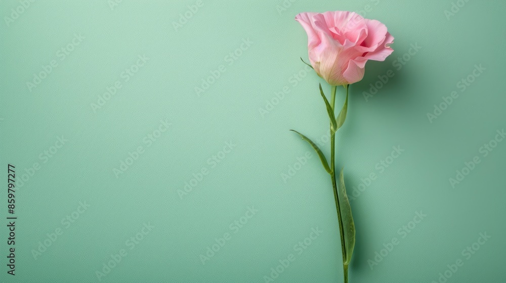 Eustoma flower on green background Simple floral design Top view with space for text Eustoma flower on green background Simple floral design Top view with space for text