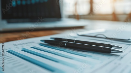 A closeup of a sleek, modern desk with abstract financial graphs, ideal for a business banner with copy space