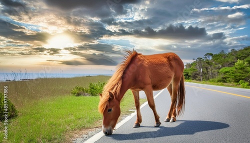 a wild pony grazing by the road at assateague island maryland photo