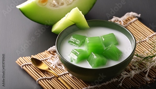 thai dessert lod chong rice flour jelly pandan flavor with thai melon in coconut milk photo