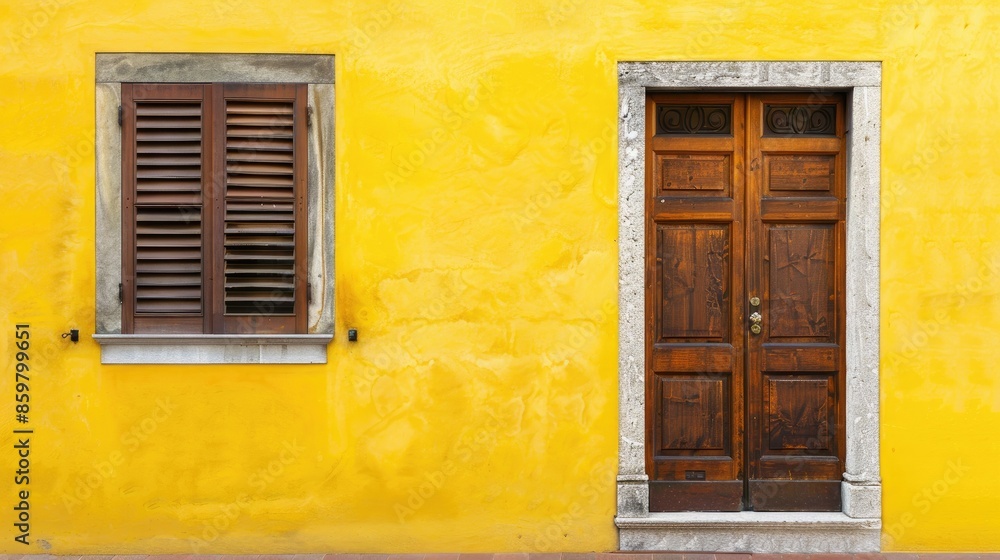 Dark brown wooden door and window shutters on a vibrant yellow wall perfect for architecture and design backgrounds Dark brown wooden door and window shutters on a vibrant yellow wall perfect for architecture and design backgrounds