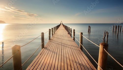 a sunlit pier extending into calm waters its posts forming converging lines towards the distant horizon photo
