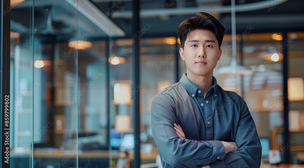Fototapeta premium Portrait of confident korean young entrepreneur with arms crossed standing by glass wall in office.