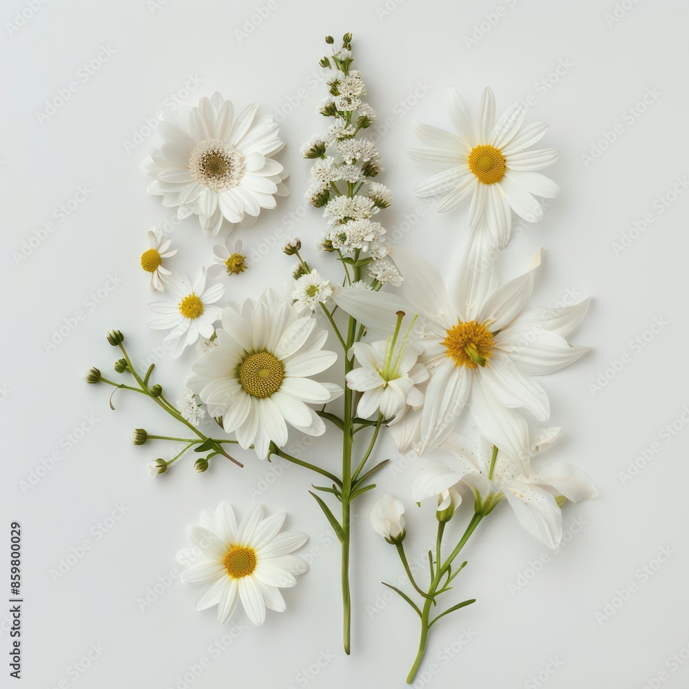 A delicate arrangement of daisies and lilies on a stark white background A delicate arrangement of daisies and lilies on a stark white background