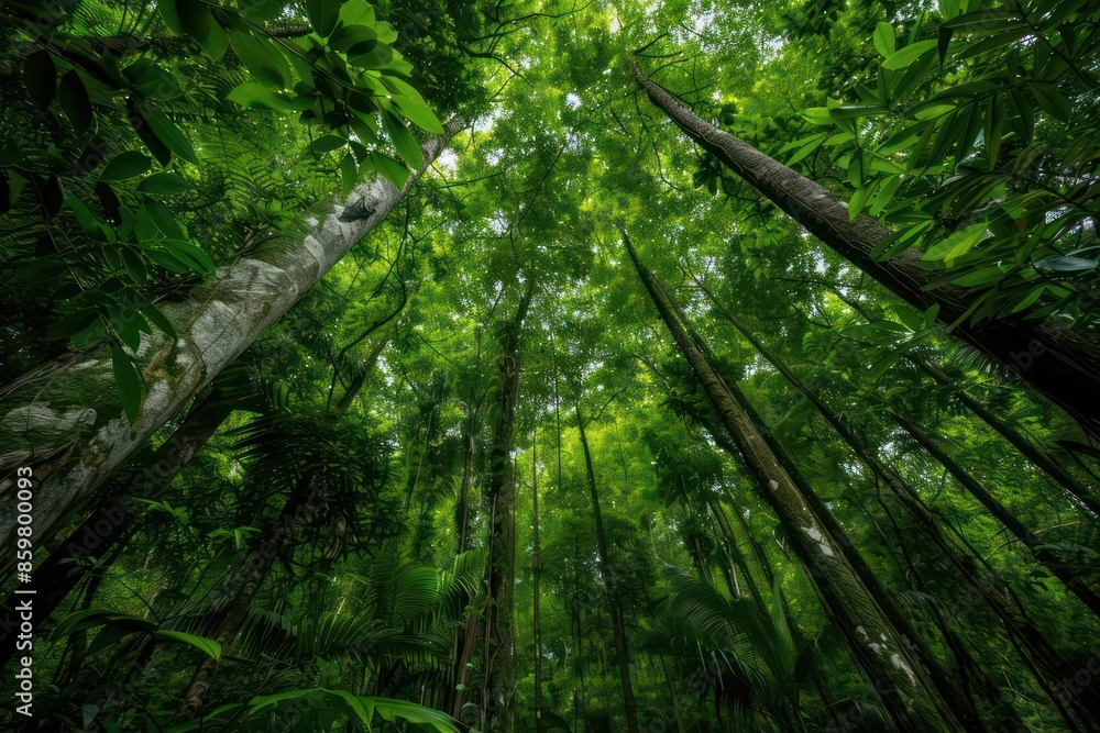 Obraz premium A dense forest with towering trees and a lush green canopy