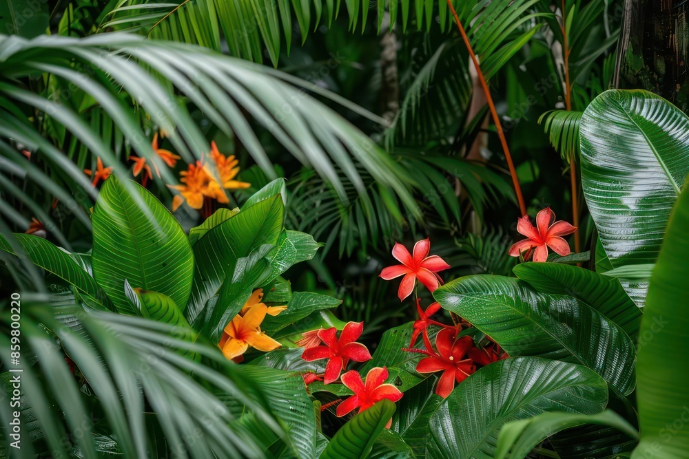 A dense tropical forest, filled with exotic plants and vibrant flowers A dense tropical forest, filled with exotic plants and vibrant flowers