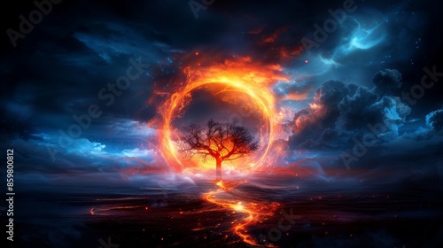 A surreal landscape with a glowing fire ring around a tree, set against a dramatic sky with vibrant colors and intense atmosphere. © Narongsak