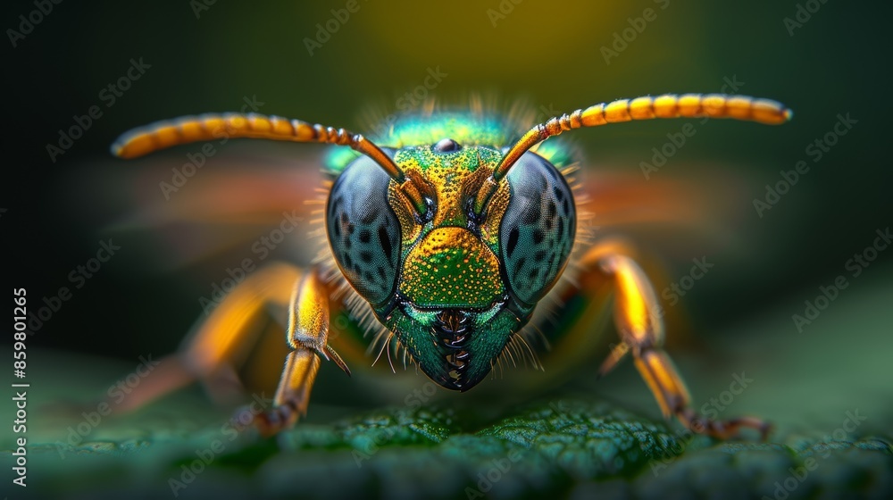Fototapeta premium Close-up macro shot of a colorful insect, showcasing detailed eyes and vibrant patterns, highlighting the intricate beauty of nature.