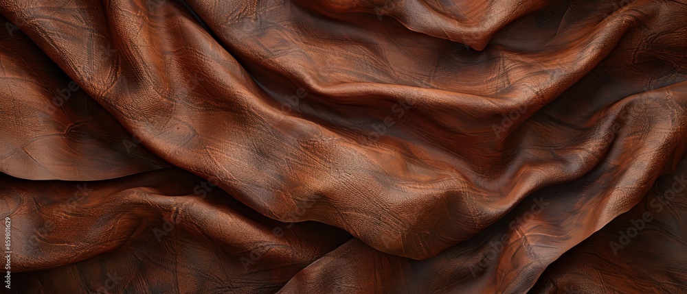 Close-up of a brown leather texture with natural wrinkles and folds, showcasing rich color and detailed surface patterns.