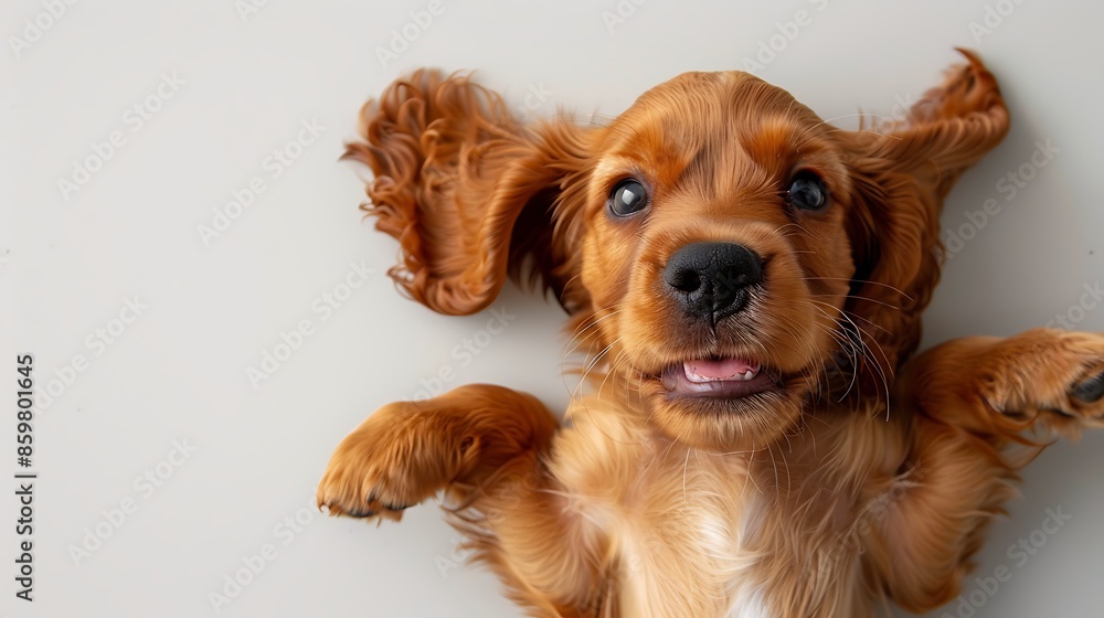 Cocker Spaniel puppy playing on a white background, shown from above, with a cute dog wearing a happy face and beautiful brown fur. It is a high resolution, high quality photograph with sharp and Cocker Spaniel puppy playing on a white background, shown from above, with a cute dog wearing a happy face and beautiful brown fur. It is a high resolution, high quality photograph with sharp and