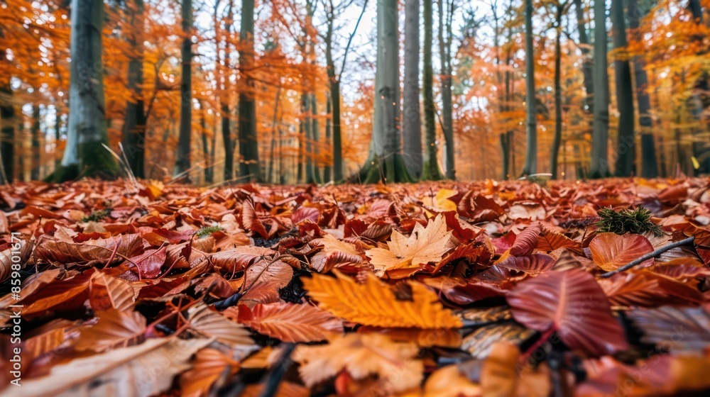 A forest in autumn, with vibrant red, orange, and yellow leaves carpeting the ground A forest in autumn, with vibrant red, orange, and yellow leaves carpeting the ground
