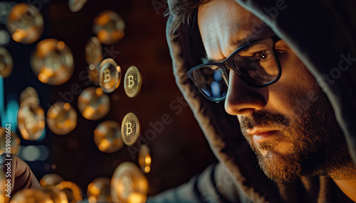 Deception is the currency of digital scammers: Depict digital currency symbols floating around a scammer, symbolizing how scammers use deception to exploit others for financial gain online photo
